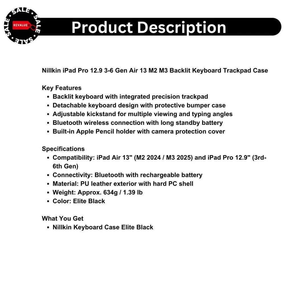 Nillkin iPad Pro 12.9 3-6 Gen Air 13 M2 M3 Backlit‎ Keyboard Trackpad Case